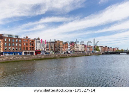 DUBLIN - MAY 17, 2014: View of Ormond Quay Upper and Grattan Bridge in Dublin in city centre. Dublin is a popular tourist destination.