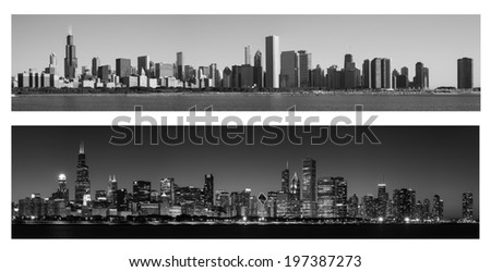 Chicago Skyline at Day and Night in monochrome
