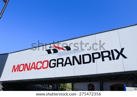 MONACO - APRIL 13, 2015: Monaco Grand Prix logo on a pedestrian bridge. The Monaco Grand Prix is a Formula One motor race held on Circuit de Monaco, a narrow course laid out in the streets of Monaco.