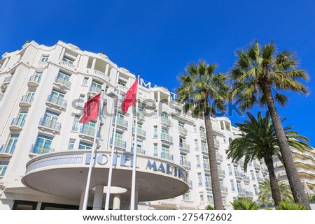 CANNES, FRANCE - APRIL 12, 2015: Grand Hyatt Cannes Hotel Martinez in Cannes at Boulevard de la Croisette. The Grand Hyatt Cannes Hotel Martinez is a famous art deco style Grand Hotel.