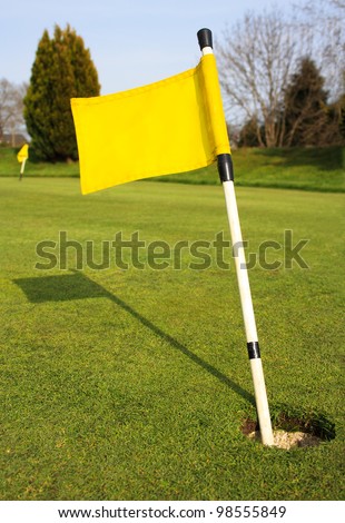 Yellow Golf Flag in Hole on Golf Course Green