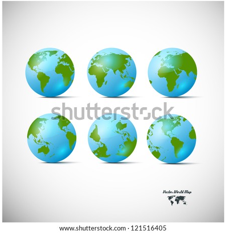 Set of blue globe icons with different continents