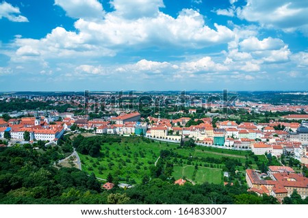 Prague cityscape and recreation park, aerial view
