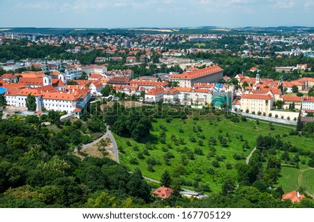 Prague cityscape and recreation park, aerial view