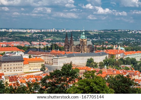 View on St. Vitus church and Prague city center, aerial view