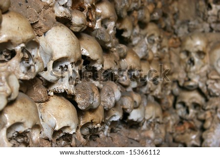 Human skulls covering inner walls of the Chapel of Bones (Portugal).