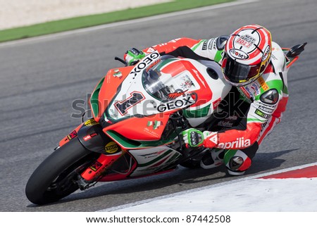 PORTIMAO, PORTUGAL - OCTOBER 16: A closeup of Max Biaggi, the third place winner of world Superbikes Championship in Algarve, Portimao on October 16, 2011.