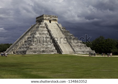 Famous mayan pyramid Kukulkan in Chichen Itza. Mexico travel background.  Latin American landmark.