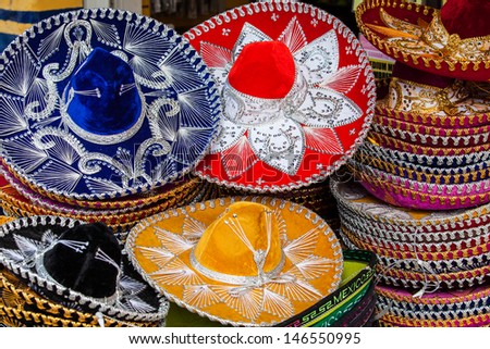 Colorful Mexican sombrero souvenirs for sale in Yucatan, Riviera Maya, Latin America. Mexico travel background.