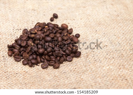 Coffee beans on burlap sack. Food and drink coffee background.