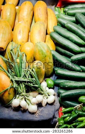 Vegetables for sale at traditional weekly market in Guatemala