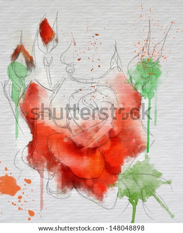 Watercolor painting, sketch with Rose