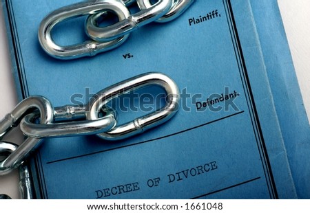 Certificate or decree of divorce  with chain on blue paper.