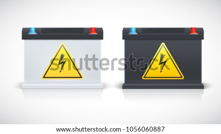 Set of car battery isolated on a white background, various parts. Icons of Car parts for garage, auto services. Black and white car accumulators. 3D illustration