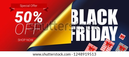 Black Friday Sale. Special offer 50 percent off. Curved corner of open wrap paper. Decoration elements for retail, shopping actions on Christmas and Black Friday. Gift boxes, red ribbon and bow