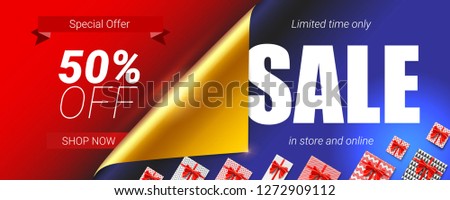 Sale in store and online, special offer. Up to 50 percent discount. Banner with design of text, curled corner with open gift wrap paper and gift boxes. Vector 3d illustration for discount actions.