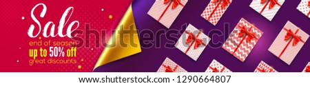 Sale. End of season, up to 50 percent off sale. Ad poster with opened golden corner of wrap paper.Top view on flow of gift boxes with red bow. Template for shopping discounts, holidays actions.