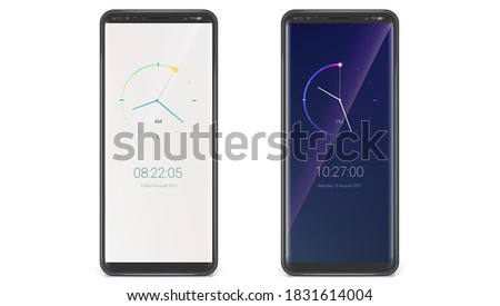 Smartphones with clock. Digital and analog variant of watch. Phone UI X size. Day and night version. Vector 3D illustration isolated on white