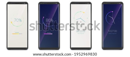 Set of smartphones with clock and progress bar. Digital and analog variant of watch. UI screen of load, upload download or any process. Phone in X sizes. Vector 3D illustration