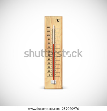 Thermometer on wooden base with celsius scale. Icon for your design.