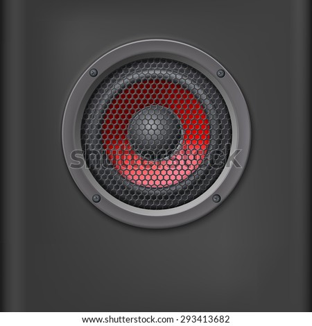 Sound speaker with grille on dark background.