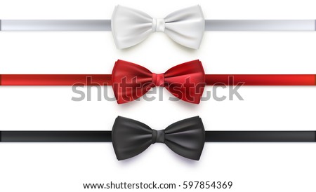 Realistic white, black and red bow tie, vector illustration, isolated on white background. Elegant silk neck bow.