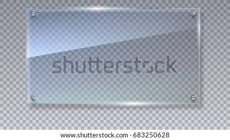 Blank, transparent vector glass plate. Vector template, mock-up banner with copy-space. Photo realistic texture with highlights and glow on the transparent. See through the plastic, 3D illustration.