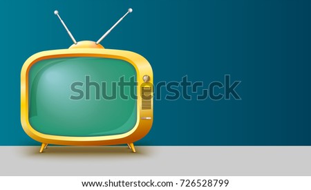 Template with retro yellow TV set for advertisement on horizontal long backdrop, 3D illustration with place for text. Realistic vintage TV with blank screen.