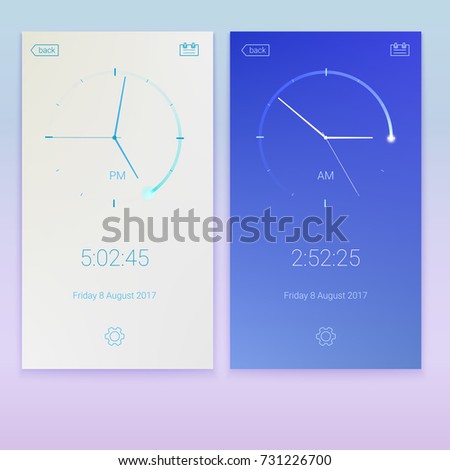 Clock application, concept of UI design, day and night variants. Digital app, user interface kit, UI elements. Mobile clock interface, 3D illustration