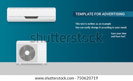 Template with air conditioning for advertisement on horizontal long backdrop, 3D illustration with example of text design. Icons of realistic white air conditioning, full set of two blocks.