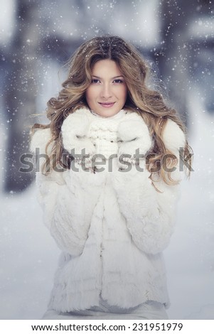 Winter Beauty Woman. Christmas Girl Makeup. Holiday Make-up. Snow Queen Fashion Portrait over Blue Snow Background.