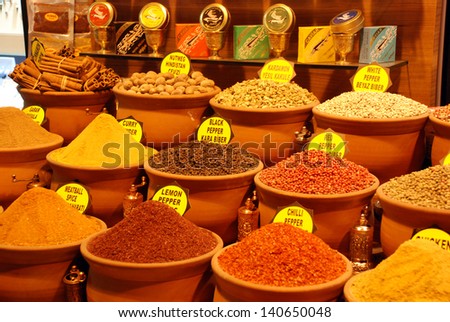 ISTANBUL,TURKEY - APRIL 16: The Spice Bazaar in Istanbul April 16, 2011 in Istanbul Turkey. This famous bazaar is also know as the Egyptian Bazaar and is famous for the exotic herbs and spices.