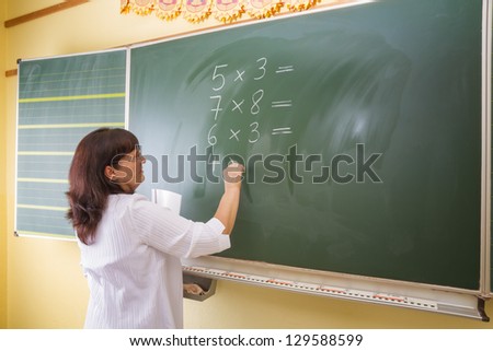 Teacher in a yellow classroom. She is writing some tests to blackboard.