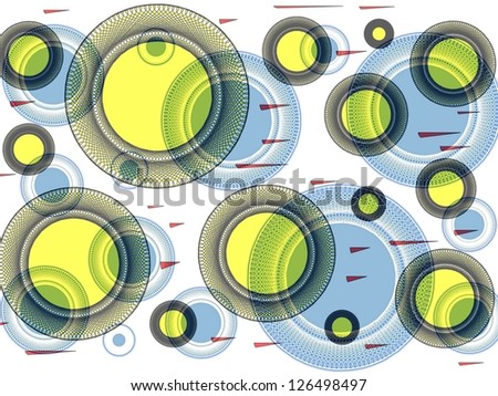Intricate circular design with embroidered edges  superimposed in pale blue  and yellow tones on plain white background with bright red accents.