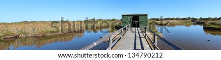 Scenic panoramic view of  board walk to  the bird hide at  Big Swamp parkland Bunbury Western Australia on a fine sunny autumn afternoon.