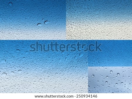 Sparkling collage of clear raindrops on  a  glass  windscreen with blue and white  background is  ideal for  unique abstract wallpapers.