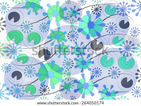 Delicate   unique  colorful   modern  circular  geometric abstract design superimposed  on a  plain blue    balloons blurred background ideal for stunning  wallpapers  and chic backgrounds.