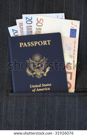 American passport with euros in business suit pocket