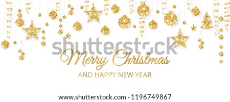 Christmas golden decoration on white background. Merry Christmas and Happy New Year text. Hanging glitter balls, trees, stars. Winter season sparkling ornaments on a string. For party posters, banners