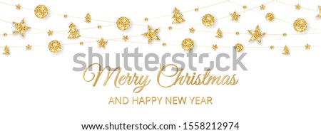 Vector Christmas banner with decorations. Merry Christmas and Happy New Year text. Golden ornaments on white background. Holiday frame, border. Glitter garland for celebration headers, party posters.