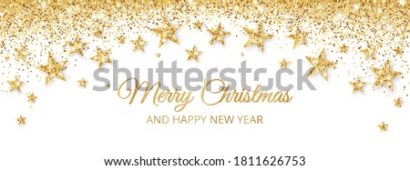 Banner with golden decoration. Festive border with falling glitter dust and stars. Holiday vector background. For Christmas and New Year cards, headers, party posters.