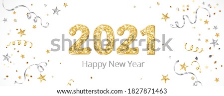 New year banner with decoration. 2021 gold glitter numbers. Falling confetti ribbons and stars. Gold and silver frame. For Christmas and winter holiday headers, party flyers. Vector illustration.