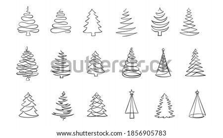 Christmas tree line drawing. Fir tree symbol, vector icon. Holiday design elements isolated on white. Simple shape concept. For winter season cards, New year party posters and banners.