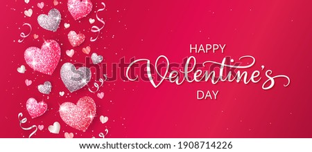 Happy Valentine's day banner. Glitter hearts decoration on red background. Confetti and ribbons. Hand drawn Valentine text. Great for greeting cards, party posters, invitations. Vector. 