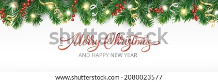 Holiday banner with decoration and lettering. Christmas tree border, lights garland. Festive frame on white. Celebration vector background. For winter season headers, New Year party posters
