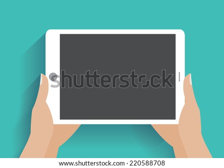 Hands holing tablet computer with blank screen. Using digital tablet pc similar to ipad, flat design concept. Eps 10 vector illustration