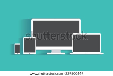 Electronic devices with blank screens. Desktop computer, tablet pc, laptop, smartphone. Flat design illustration, eps 10 vector