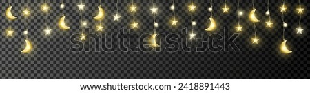 Ramadan and Al Adha islamic decoration on transparent background. Hanging stars and crescents lights string. Muslim holidays garland. Arabiс festive frame. Night sky shiny moon border. Vector.