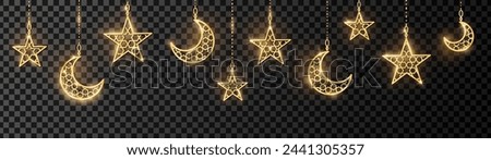 Ramadan or Al-Adha golden shiny decoration. Hanging crescents and stars. Traditional islamic ornaments, shiny border. Muslim holidays frame. Transparent background can be removed in vector format. 