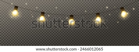 Light bulbs garland. Isolated holiday decoration, lamps frame. For Christmas, Ramadan, Al-Adha and Eid banners, wedding or birthday cards. Transparent background can be removed in vector format.